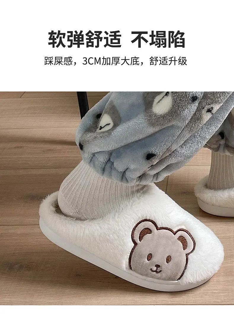 Bear Plush Slippers For Women Men Fashion Kawaii Fluffy Winter Warm Slippers Lovers Cartoon Teddy Bear House Shoes TG03