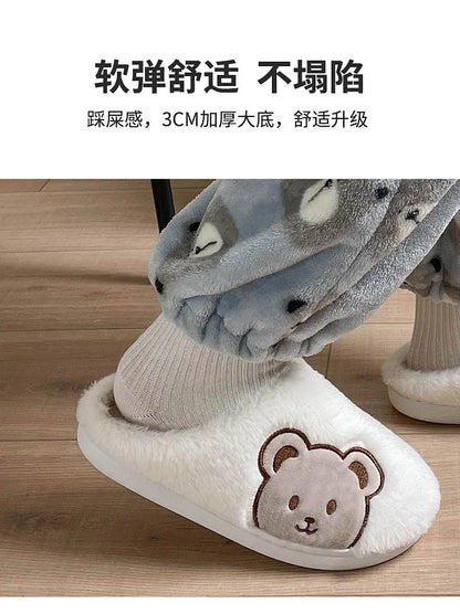 Bear Plush Slippers For Women Men Fashion Kawaii Fluffy Winter Warm Slippers Lovers Cartoon Teddy Bear House Shoes TG03