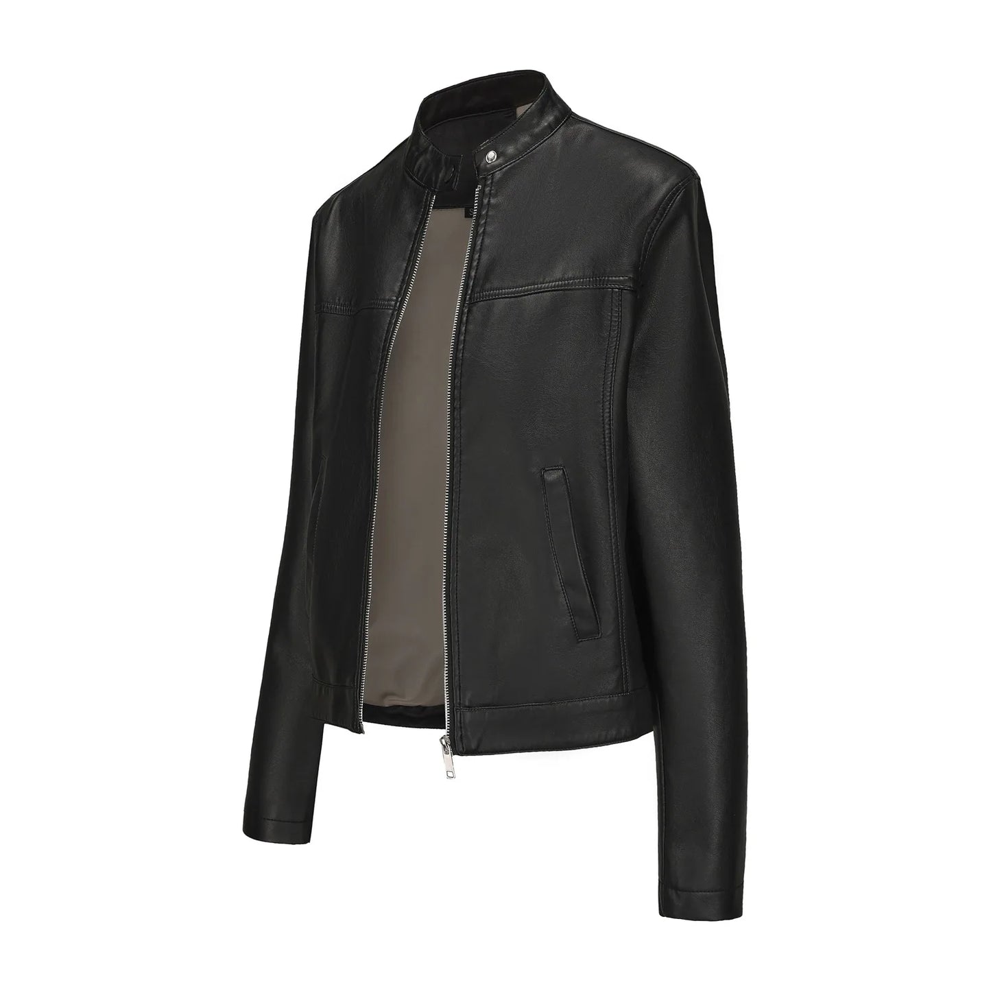 Black Women's Fitted Leather Jacket with Front Zipper & Side Pockets‌, Available in Brown, Navy Blue, and Beige.