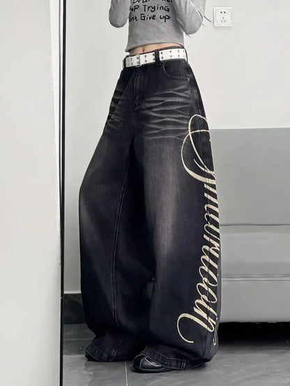 American New Fashion Oversized Letter Printing Black Washed Jeans Ladies Y2K Popular Casual Joker Loose Wide-leg Mop Pants