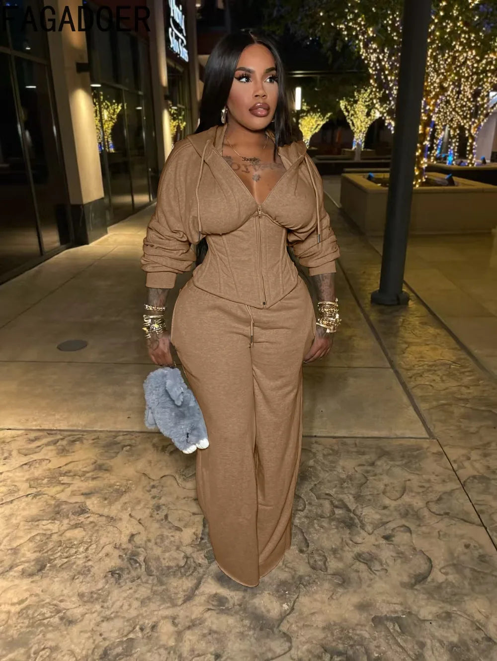 FAGADOER Casual 2 Pieces Set for Woman Outfits Solid Color Bandage Patchwork Hooded Crop Top and Pants Suit Female Streetwear