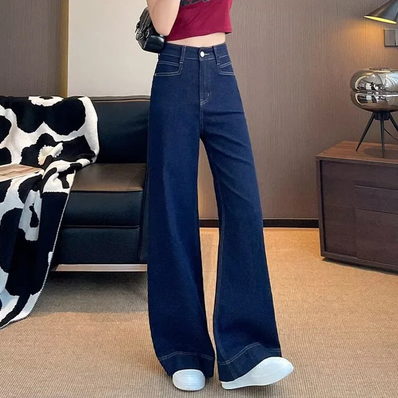 Girls Fashion Korean Straight Casual Jeans Female Baggy High Waist Wide Leg Denim Pants Women Classic Wash Dark-blue Trousers