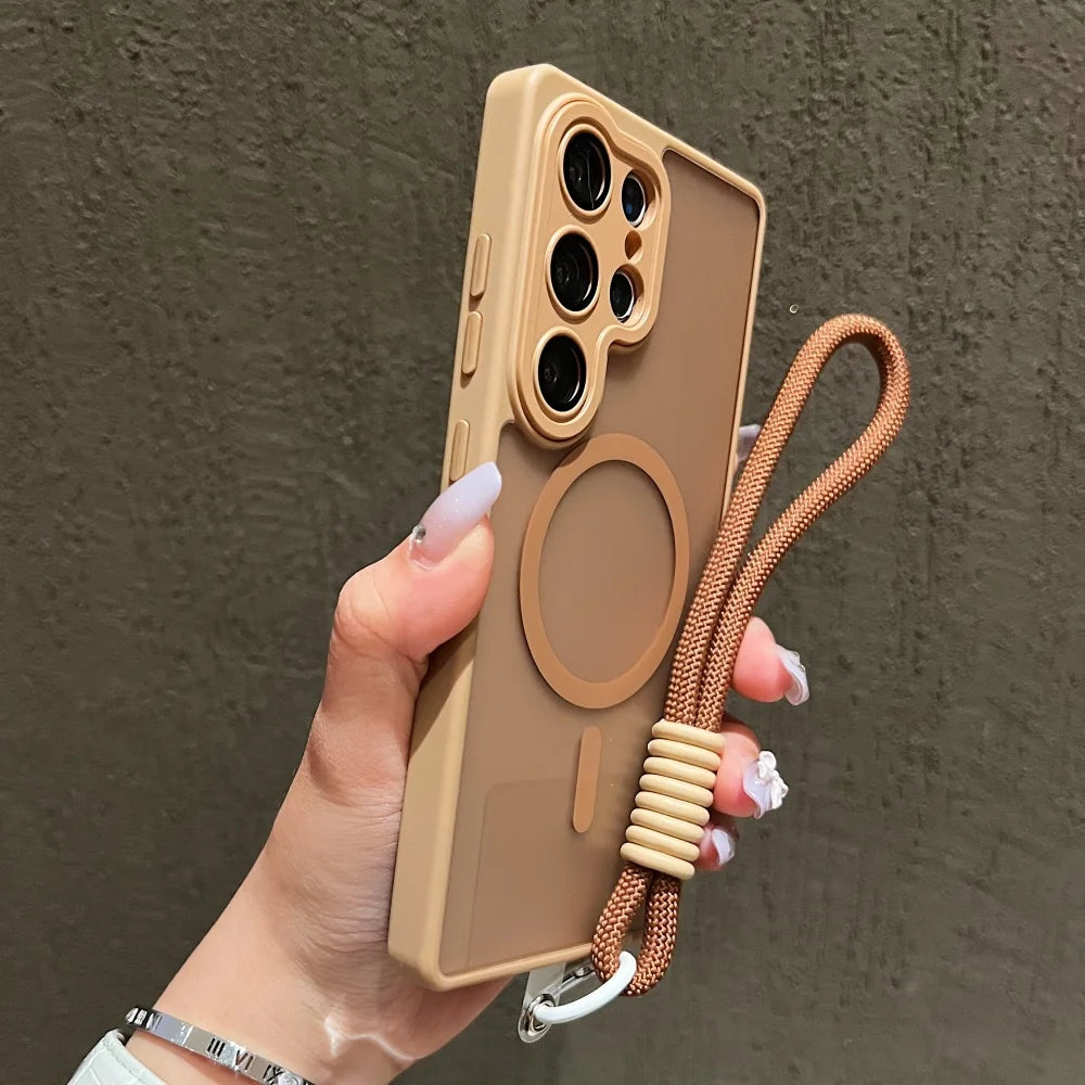 Wrist Strap Cord Magnetic Matte Translucent Armor Case For Samsung S25 Ultra S24 FE S23 Plus For Magsafe Wireless Charge Cover