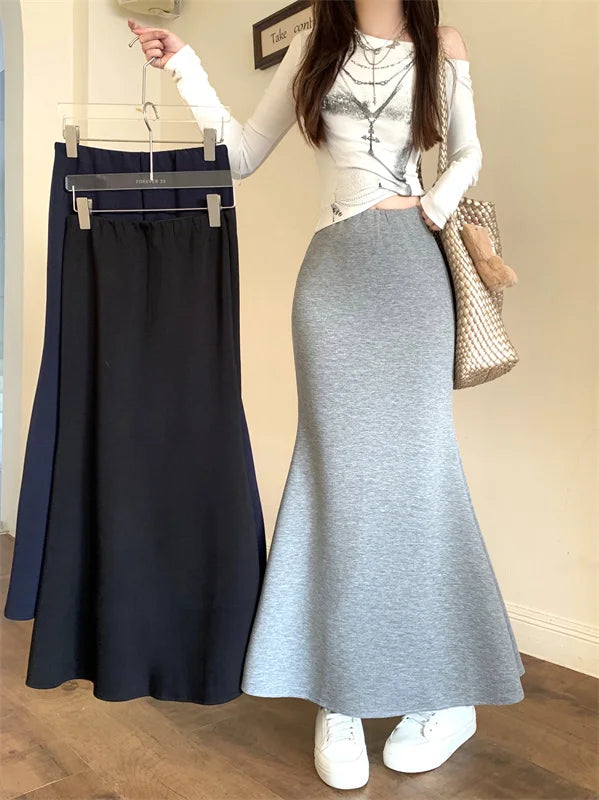 Solid Vintage Temperament Package Hip Skirts Elastic High Waist Simple Spring Autumn 2026 Fish Tail Skirt Casual Slim Long Skirt