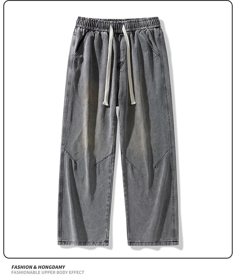 2025 Hip-hop Baggy Denim season elastic waist New Korean Men's Jeans American Loose Fit Wide-leg Straight Casual Trousers Street