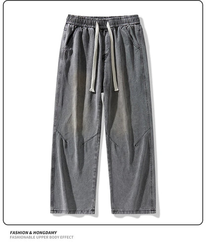 2025 Hip-hop Baggy Denim season elastic waist New Korean Men's Jeans American Loose Fit Wide-leg Straight Casual Trousers Street