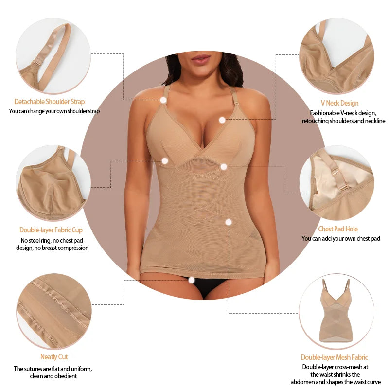 Body Shaper for Women Tummy Control Shapewear Compression Tanks Cami Tops V-Neck Camisoles Seamless See Through Waist Shaper