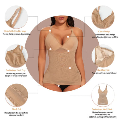 Body Shaper for Women Tummy Control Shapewear Compression Tanks Cami Tops V-Neck Camisoles Seamless See Through Waist Shaper