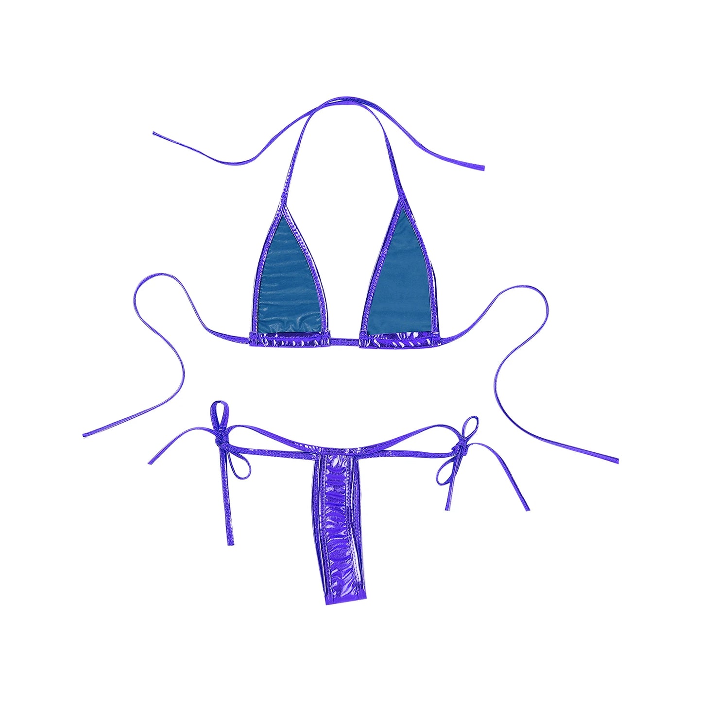 Womens Brazilian Micro Bikini Swimsuit Biquini Set Lacing Non-Padded Triangle Cup Bra Top with G-String Metallic Shiny Swimwear