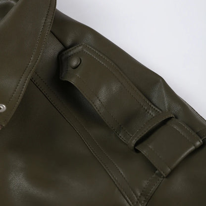 Vintage Zippers Short Leather Jackets Women's Casual Lapel Button Pockets Full Sleeve Coat 2025 Autumn New Lady Chic Streetwear