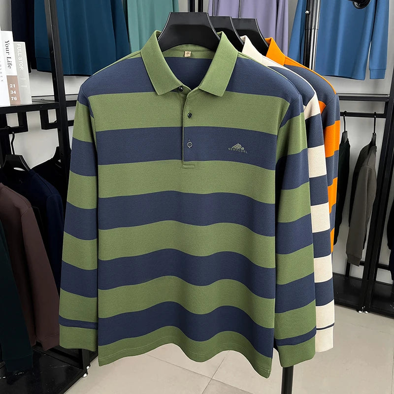 High end brand men's long sleeve polo shirt autumn fashion striped original letter design boutique golf casual business T-shirt