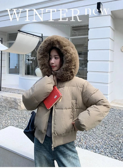 Casual Warm Fur Hooded Cropped Parkas Chic Streetwear Korean Style Down Cotton Coat Thicken Short Women's Winter 2025 Jacket