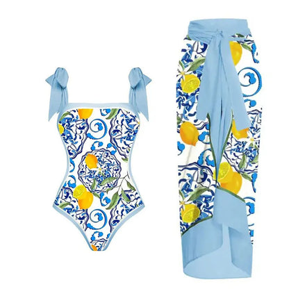 Fashion Women Cover Swimsuit Retro Print Gorgeous One-Piece Suit with Swimwear Beach Casual Swimwear Skirt That Wraps Hips