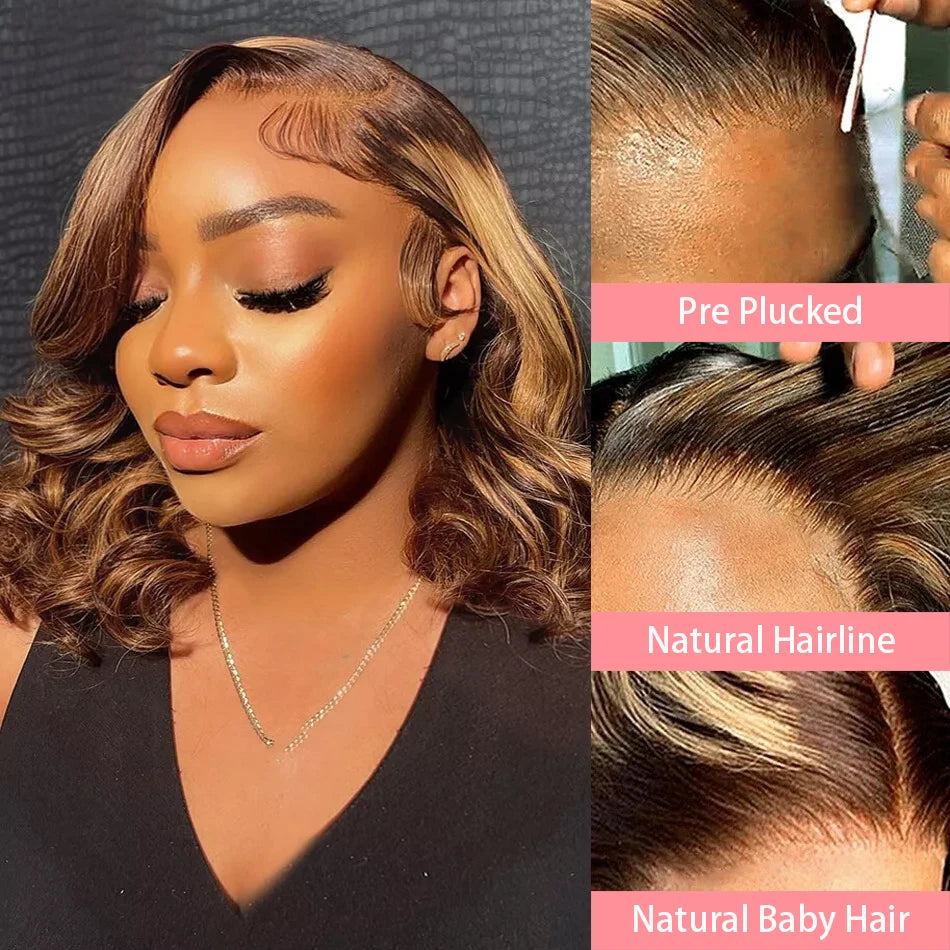 Short Body Wave Bob Wig Highlight Brown 13x4 Transparent Lace Frontal Wigs Mix Ombre Blonde 4/27 Color Brazilian 100% Human Hair
