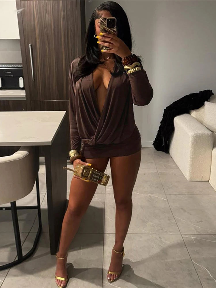 Sisterlinda Women's Elegant Deep V-Neck Mini Dress Full Sleeve Skinny Peach Hip Midnight Club Party Sexy Fashion Solid Bodycon