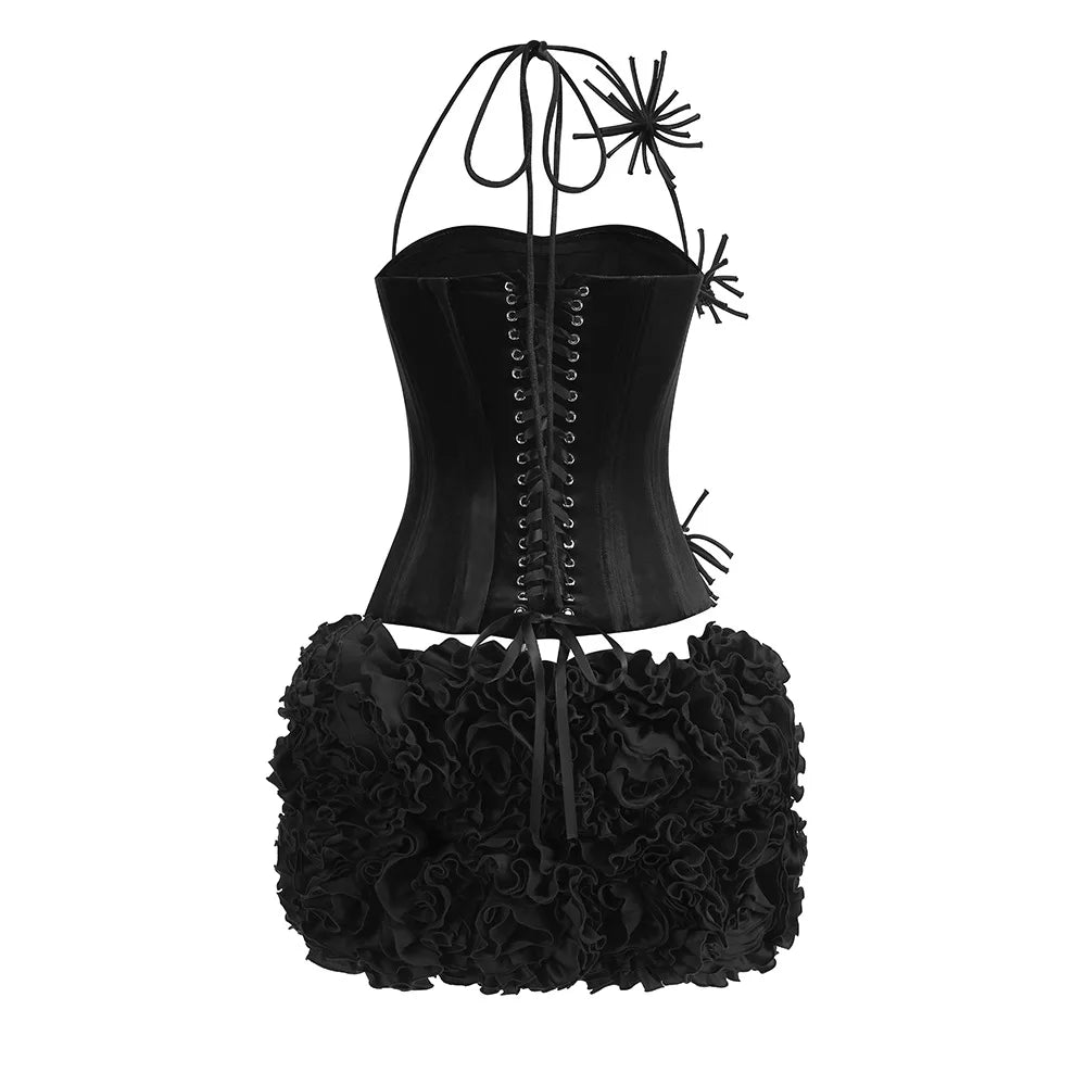 Women Sexy Party Dress Halter Laced Up Crop Top And Flowers Mini Skirt Two Piece Sets Club Evening Celebrity Outfits Wholesale