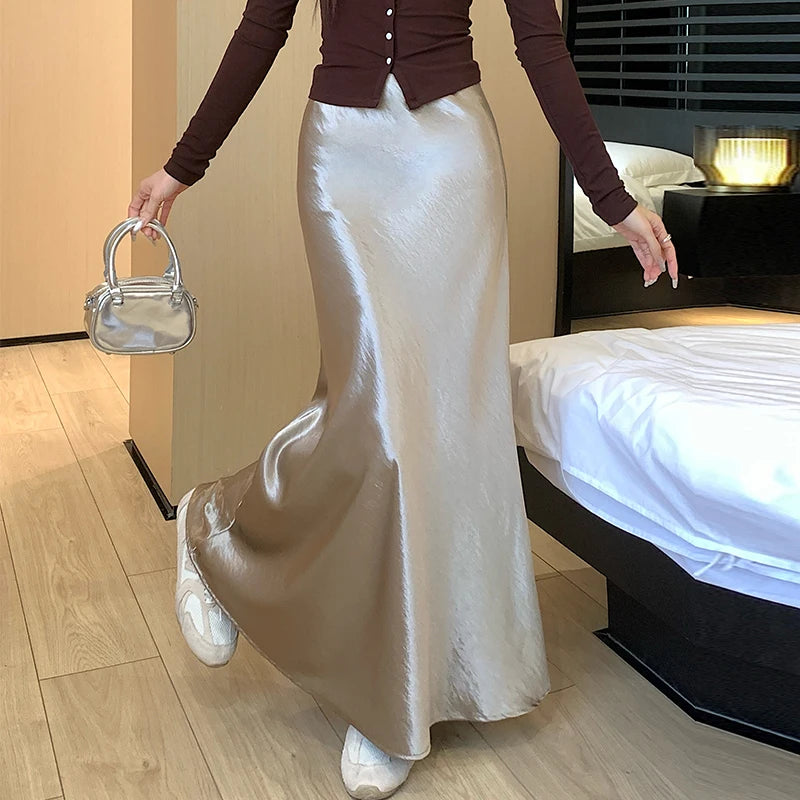 High Waist Elegant Satin Women's Mermaid Long Skirts 2026 New Autumn Solid Slim Korean A-line Wrap Fishtail Skirts Female