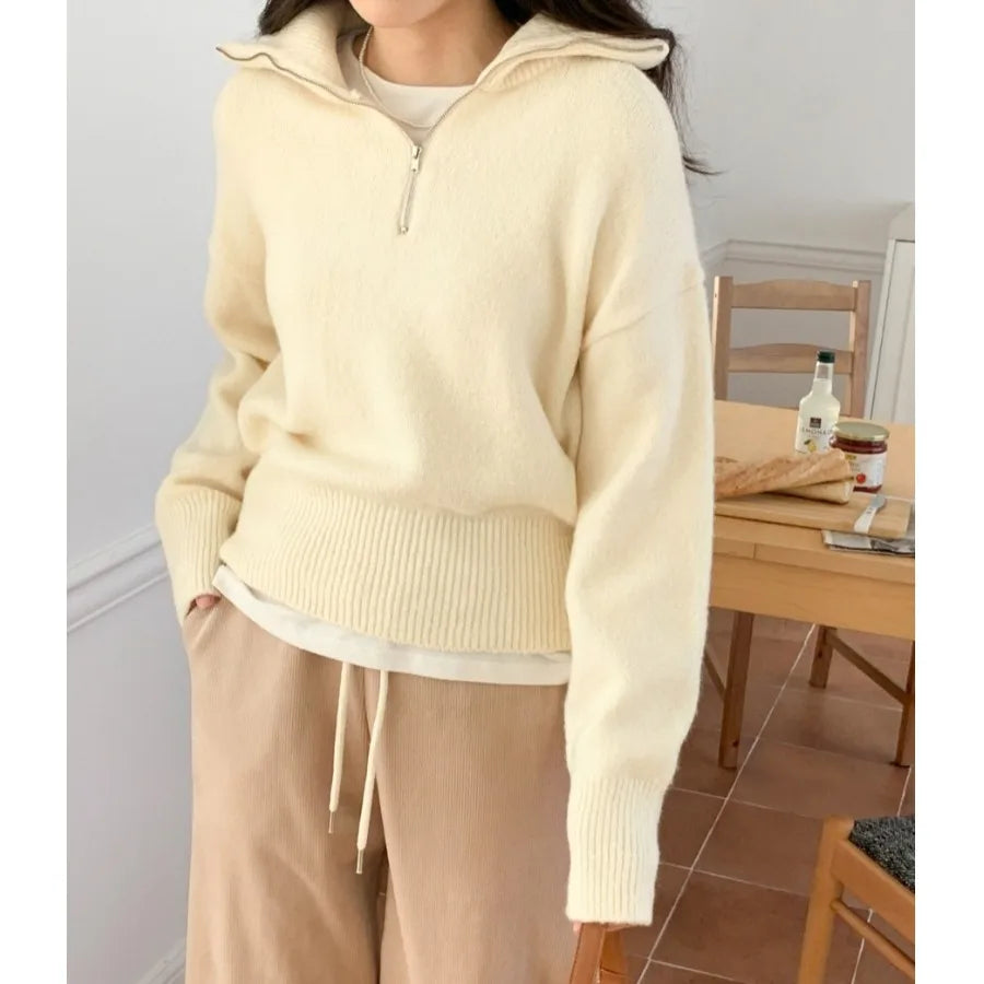 Women's Casual Loose Knitted Sweater Autumn Winter Chic Design Versatile f Zipper Stand Collar  Color Top