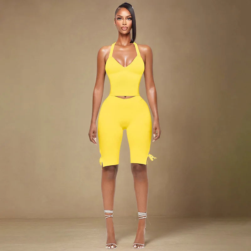 Women Solid Sexy 2 Piece Set Summer Tracksuits Lace Up Halter Backless Tank Crop Tops + Skinny Knee Length Pants Fitness Suits
