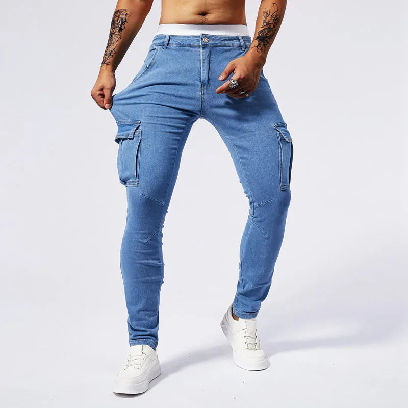 Street Elastic Jeans Men Denim Cargo Pants Wash Solid Color Multi Pockets Casual Mid Waist Trousers Slim Fit Daily Wear Joggers