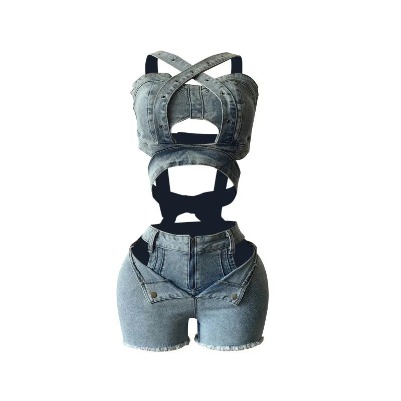 2 Piece Sets Women Denim Shorts Suit Sexy Vest Top Strap Backless Jeans Short Pants Pockets Outfits 2025/2026 Streetwear Ensemble