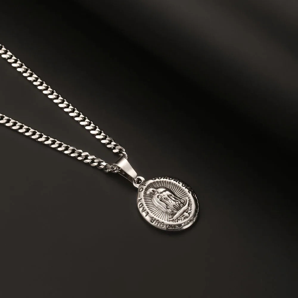 1PC Vintage Fadeless Stainless Steel Virgin Mary Necklace for Men Women Saint Benedict Medal Necklace Men Spiritual Jewelry