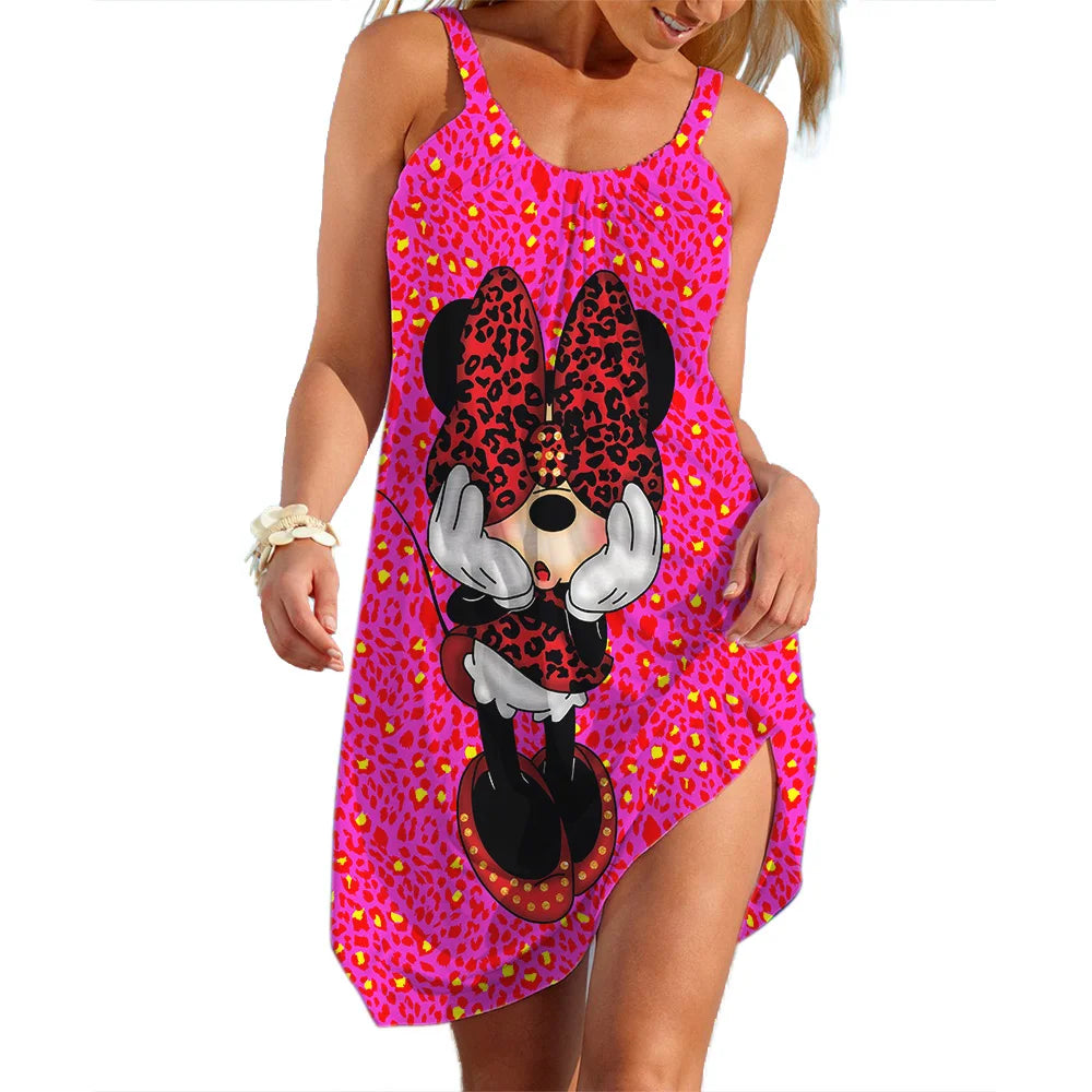 2025 Disney Minnie Dresses for Women Soft Women's Beach Dresses Summer Fashion Sling Print Sexy Skinny Seaside Casual Oversize