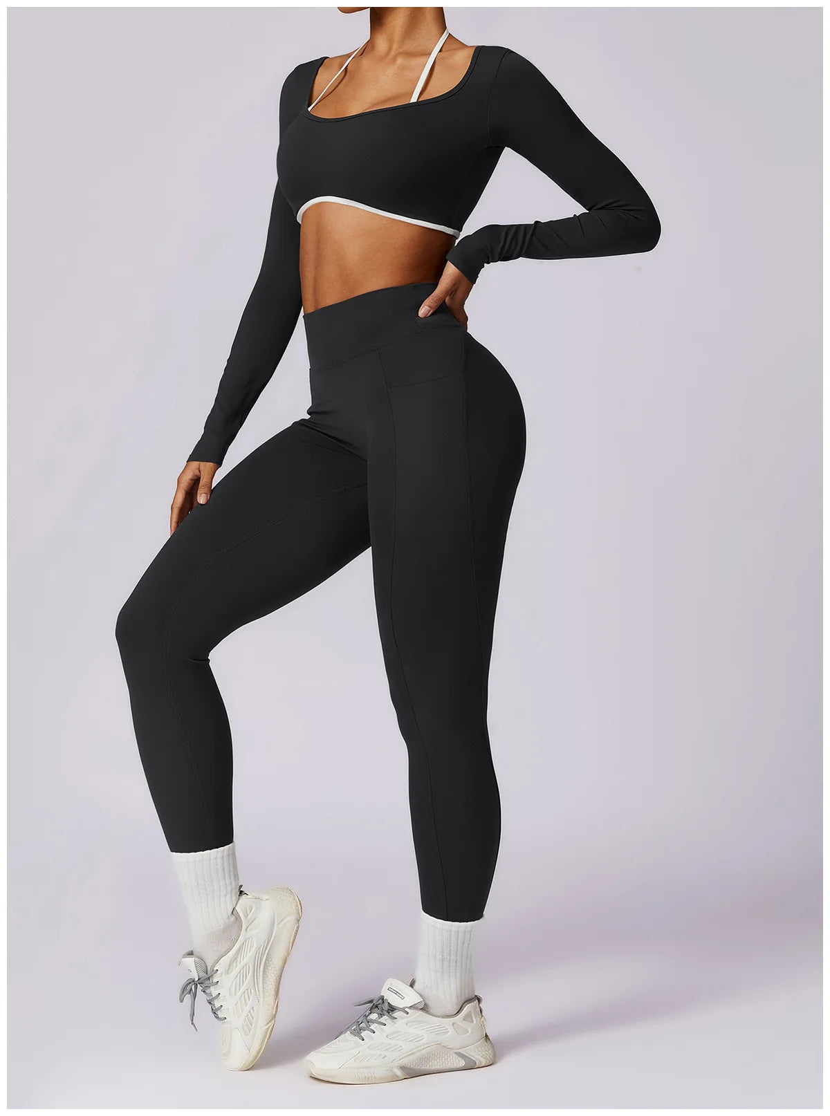 Sexy Yoga Women's 2 Pieces Gym Sports Suit Workout Clothing Long Sleeve Gym Crop Top High Waist Leggings Fitness Bra Sportswear