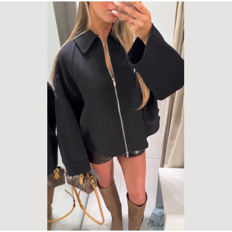 Woolen Zipper Loose Short Jacket Women Long Sleeve Lapel Solid 2025 Autumn Winter Commute Coat Street Office Warm Ladies Outwear