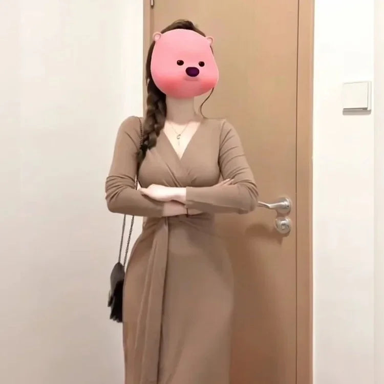 Elegant French V-neck Knot Slimming Base Layer Wrap around Skirt Long Sleeve Uneven Waist Cinched Gentle Dress