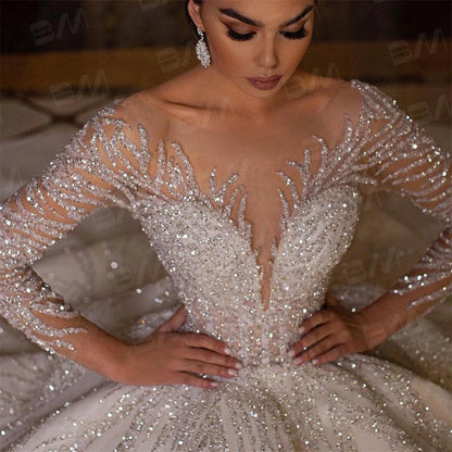Beaded Sexy Bride Dresses Vestidos De Novia Luxury Hand Beaded Long Sleeve Wedding Dress Ball Gown Long Chapel Train