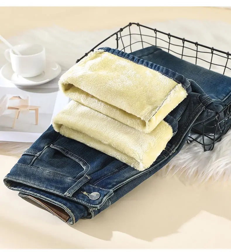 Woman High Waist Fashion Thermal Wide Leg Jeans Female Y2k Clothes Baggy Pants Girl Autumn Winter Snow Versatile Denim Trousers