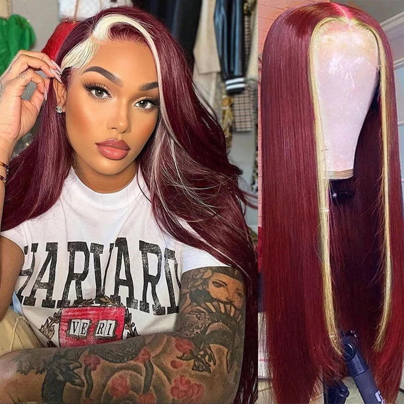 Ombre Highlight Blonde With Red Colored 13x4 Lace Front Wigs Human Hair Brazilian 30 Inch Bone Straight Human Hair Wig For Women