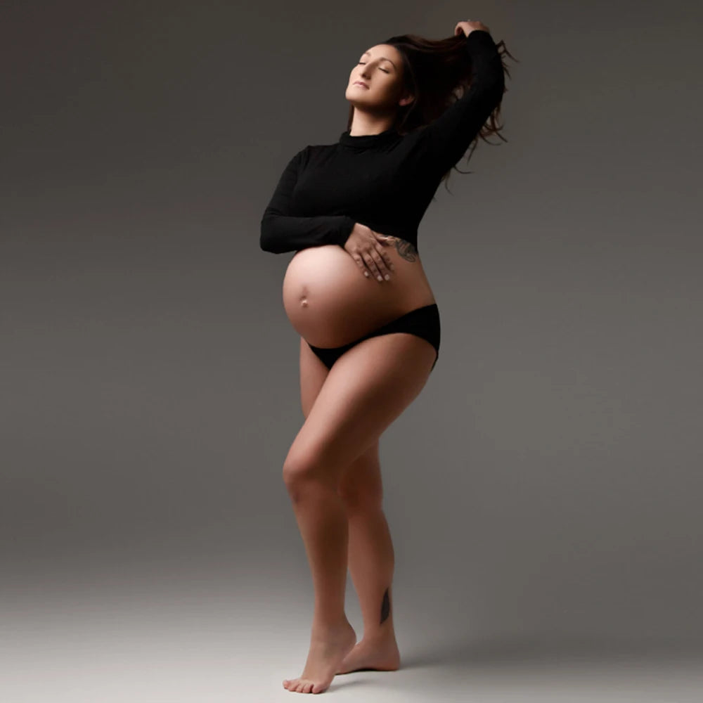 Maternity Long Sleeve T Shirts Womens Mock Neck Seamless Slim crop Tops For Pregnant photo shoot