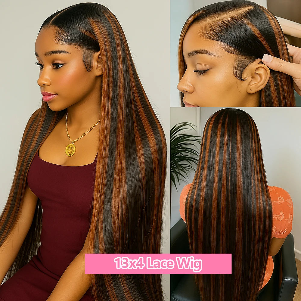 1B/30 Highlight Bone Straight 13x4 Lace Frontal Wigs Human Hair 30 Inch Ombre Brown With Black Colored Human Hair Wig For Women