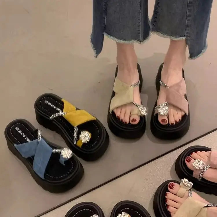 Diamond toe thick soled slippers for women's summer shoes, new height increasing design, paired with skirts and women's sandals