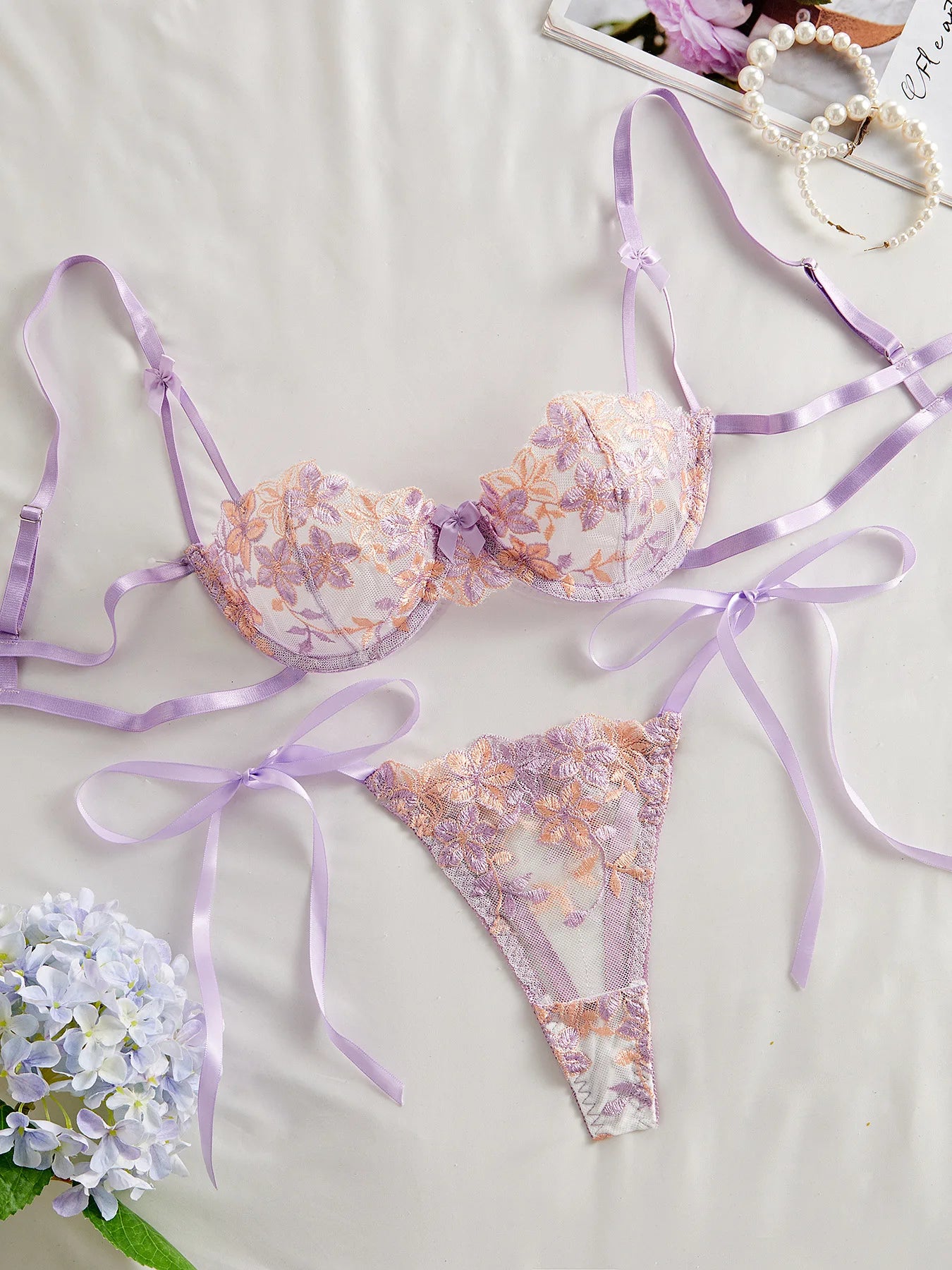 Floral Embroidery Transparent Mesh Bra Brief Sets Ultra Thin Straps Flowers Lace Sexy Lingerie Half Cup Woman Underwear 2025