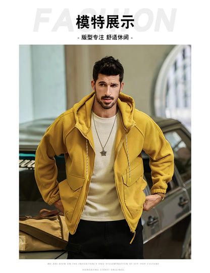 Autumn Velvet Hooded Jacket Men Outdoor Sport Techwear Loose Casual Plus Size Hoodie Cargo Jacket Outerwear Coat