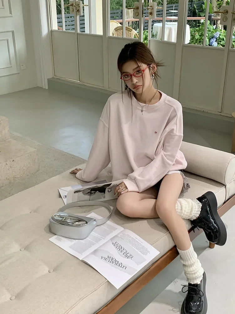 Light Pink Lettered Oversized Shoulder Sweatshirt Women's Full Sleeve round Neck Spring Autumn New Style Comfortable Casual Top