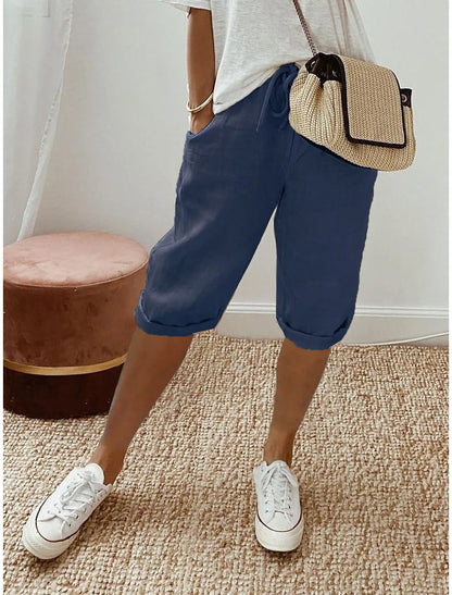 Women Cotton Linen Harem Knee Length Pants Summer High Elastic Drawstring Pocket Solid Color Shorts LRFZ-911
