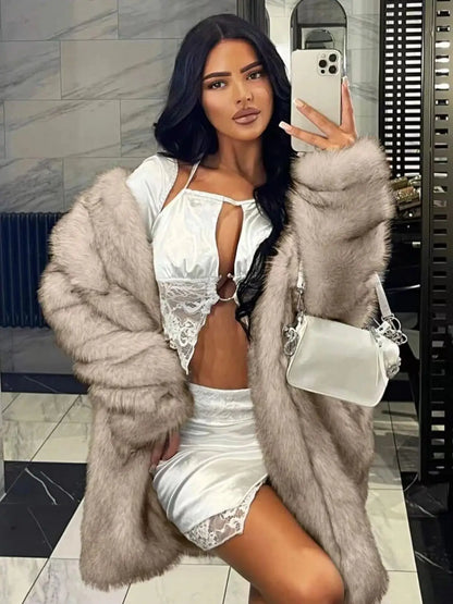 Popular faux fur women's coat jacket in autumn and winter warm and loose women's faux fur medium jacket