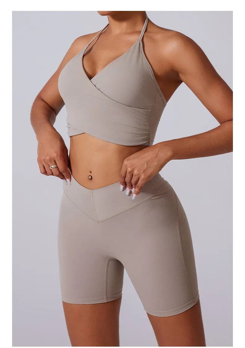 2 Pieces Wrap Front Gym Fitness Suit Women Long Sleeve Legging Workout Yoga Set Sports Bra Short Sports Clothes Tracksuit Female