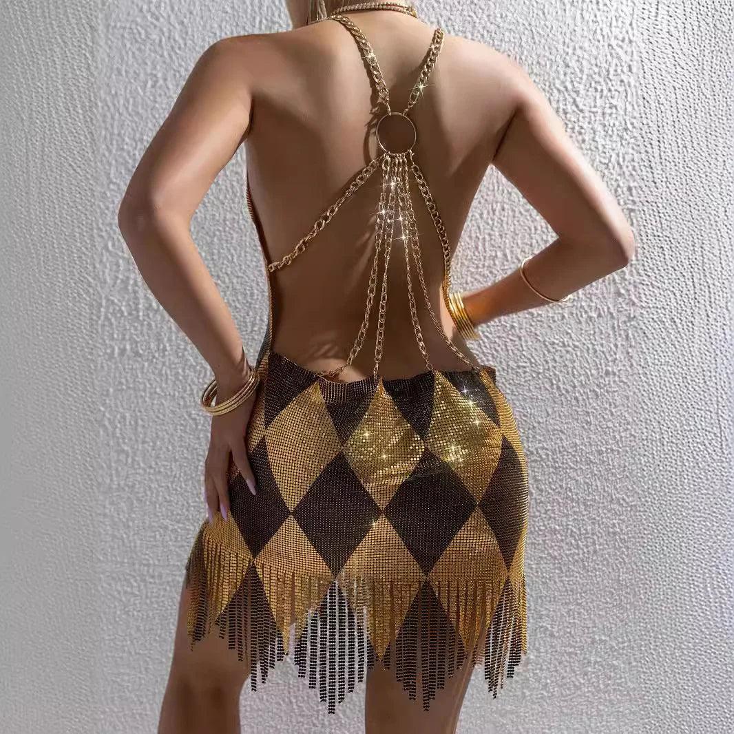 Sexy Backless Dresses For Woman Argyle Sequined Mini Dress Chain Strap Outwear V-Neck Sleeveless Summer Trendy Club Party Outfit