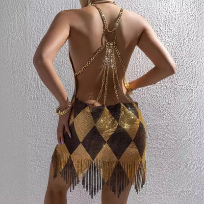 Sexy Backless Dresses For Woman Argyle Sequined Mini Dress Chain Strap Outwear V-Neck Sleeveless Summer Trendy Club Party Outfit
