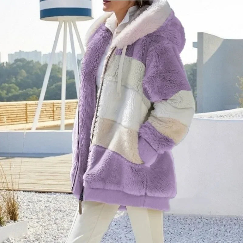 Women's Winter Fuzzy Fleece Jacket Hooded Color Block Patchwork Cardigan Coats Long Sleeve Tunic Coat Outerwear with Pockets