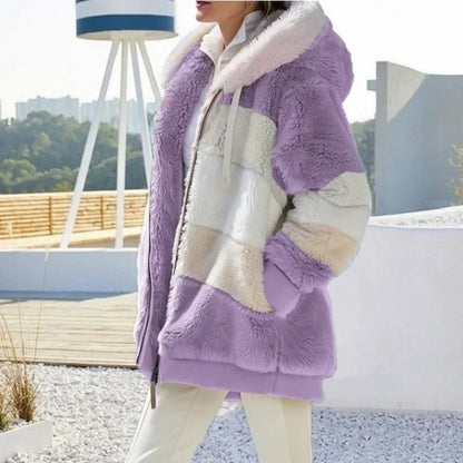 Women's Winter Fuzzy Fleece Jacket Hooded Color Block Patchwork Cardigan Coats Long Sleeve Tunic Coat Outerwear with Pockets