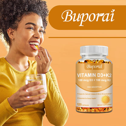 Vitamin D3 + K2 - Promote Calcium Absorption for Strong Bone, Joint, Skin, Immune, Vision and Heart Health - 120 Capsules
