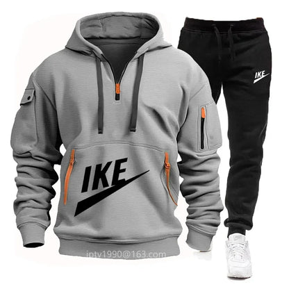 2025 new men's autumn and winter hoodie set fitness sports multi-zipper long-sleeved hooded jumper + 2 sets of casual pants