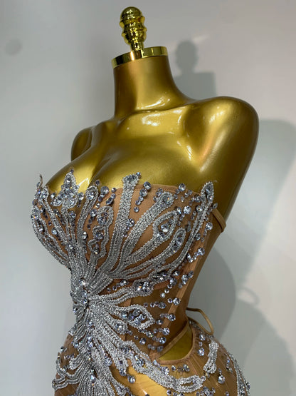 Women Sexy Strapless Rhinestones  Mini Dress Performance Costume See Through Stage Dancer Club Evening Party Birthday Dress