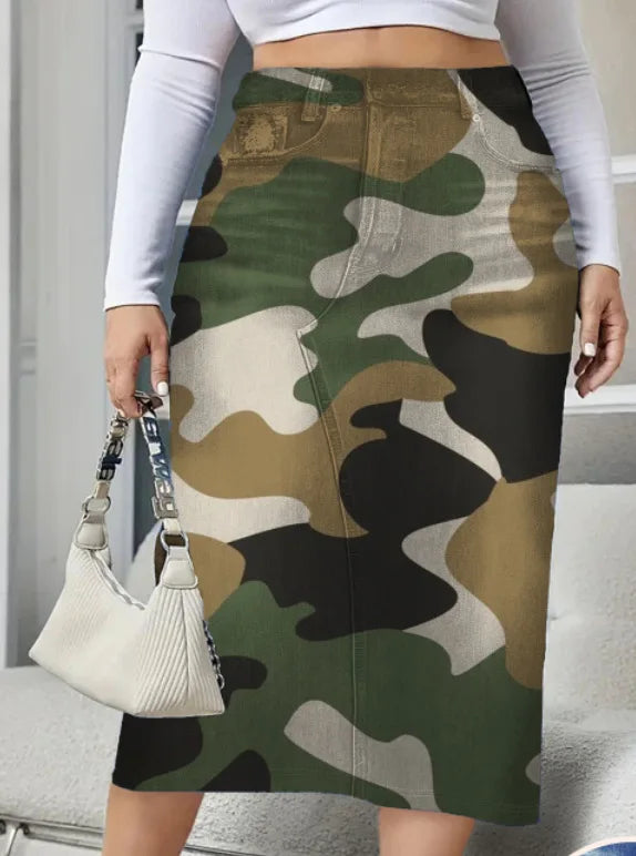 2026 Women's Spring Autumn Elegant Modest Plus size Skirts Fashion Women Silm Fit Dress Imitation Denim Print Bag Hip Skirt